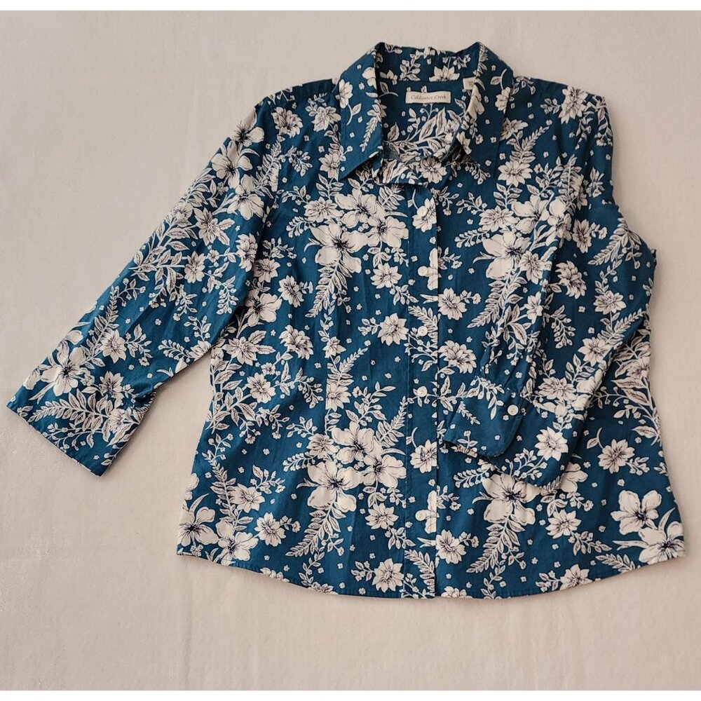 Coldwater Creek Blue White floral button-up women's shirt blouse Size PXL 18